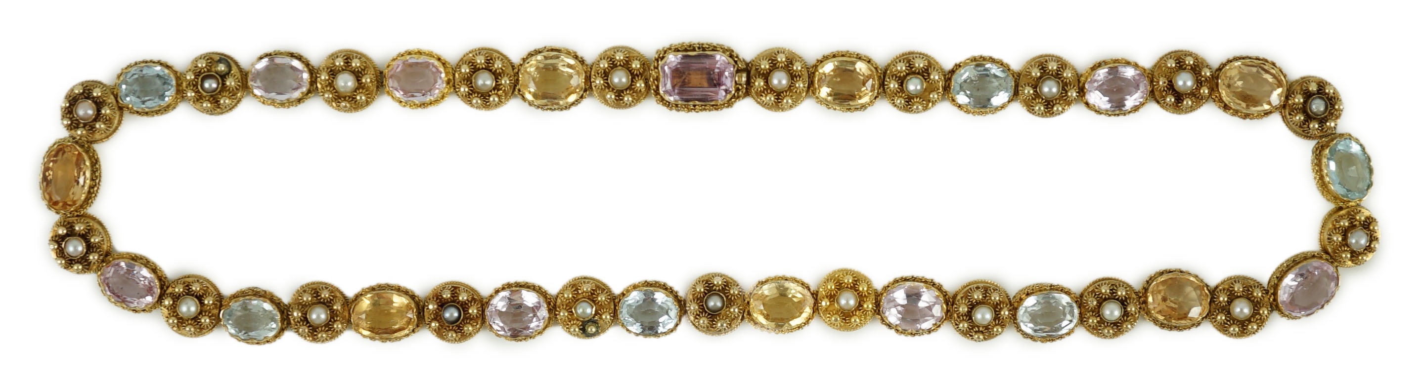 A 19th century gold, pink topaz, seed pearl, citrine and aquamarine set choker necklace